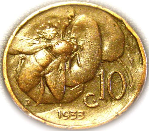 Honeybee Coin - Italy - Italian 1933R 10 Centesimi Coin - Great Coin - RARE