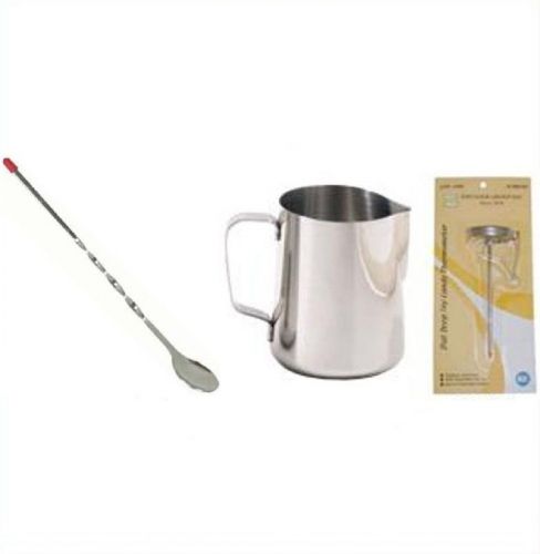 3 pc:  espresso milk frothing pitcher 12 oz + thermometer + spoon new for sale
