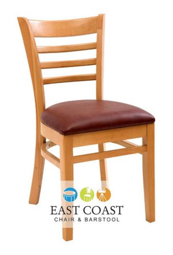 New Commercial Wooden Natural Ladder Back Restaurant Chair with Wine Vinyl Seat