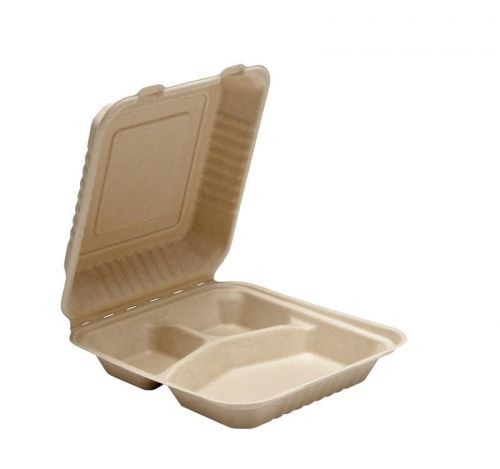 100 PCS Eco Products 9&#034; Molded Fiber 3 Compartment Hinged Clamshell Compostable