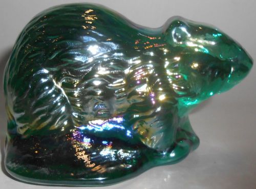 Green carnival glass beaver paperweight iridescent art figurine blue animal art