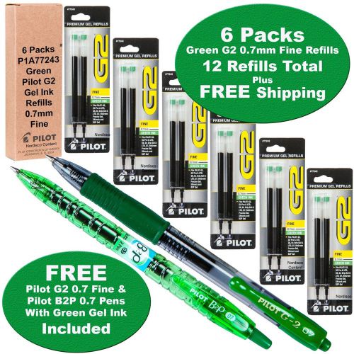 6 Pk Pilot G2 0.7mm Fine Green Refills, 1 G2 Green Pen, 1 Pilot B2P Green Pen