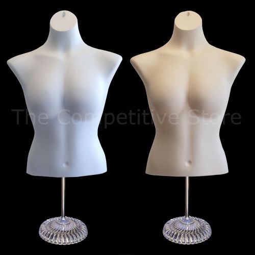 2 female busty torso white &amp; flesh mannequin forms with plastic base for sale