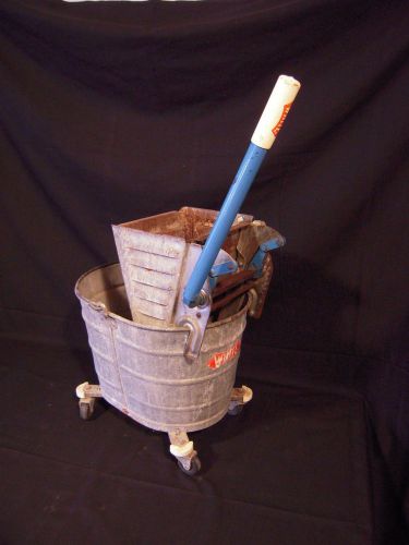 Vintage White Galvanized Metal Mop Bucket and Wringer Industrial