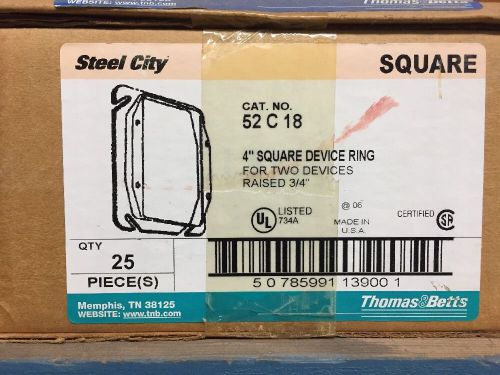 BOX OF 25 THOMAS AND BETTS STEEL CITY 52 C 18 RAISED 2 GANG DEVICE RING