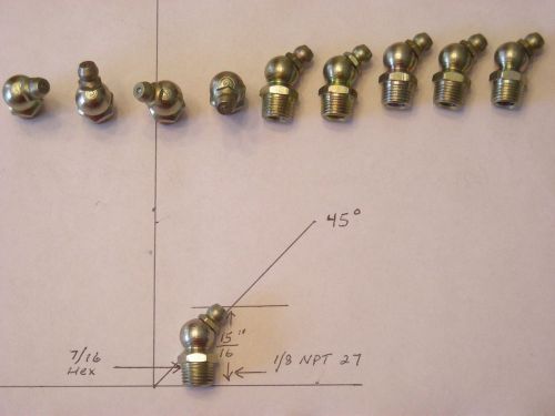 LOT OF 10 PCS STEEL GREASE FITTINGS 1/8-27 NPT 45 DEGREE - FREE SHIPPING
