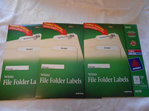 Avery White File Folder Labels 1/3 Cut 150 x 3 Acid Free #8478 Laser &amp; Ink Jet