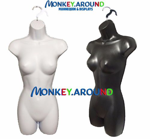 LOT 2 Female Mannequin WHITE BLACK Torso Dress Body Forms,2 Hooks-Display Women