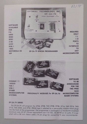 Vintage 1978 Optimal Technology EPROM Programmer &amp; Modules Brochure
