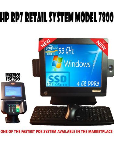 Hp rp7 7800 15&#034; intel i3 3.3ghz4gb 128gbssd emv/nfcpax s300 or isc350 pinpad pos for sale