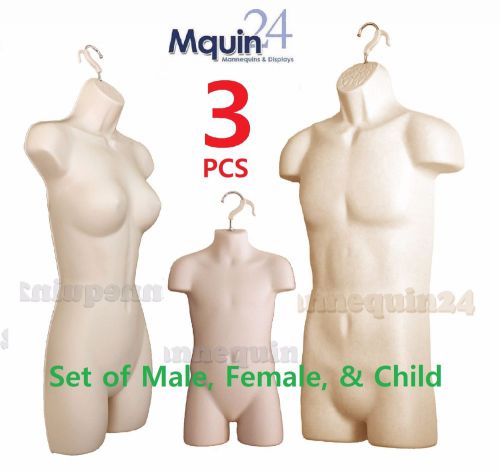 SET OF 3 MANNEQUINS : FLESH MALE FEMALE &amp; CHILD TORSO BODY FORMS w/HANGING HOOKS