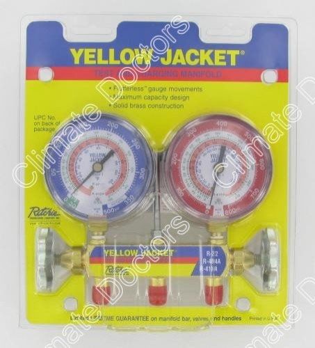 Yellow jacket 42001 manifold with 3-1/8&#034; color-coded gauges, psi, r-22/404a/410a for sale