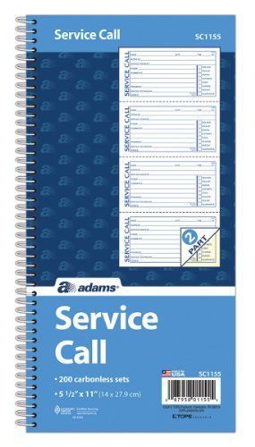 Adams service call book, 5.25 x 11 inch, spiral binding, 2-part, carbonless, 4 for sale