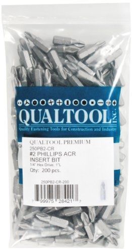 Qualtool premium 250pb2-cr-200 size 2 phillips anti-cam out insert bit, 200-pack for sale