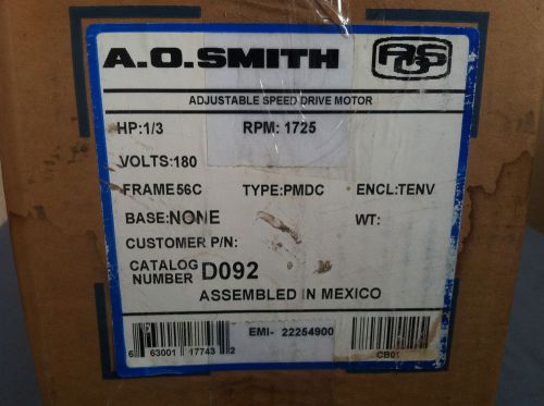 D092 a.o. smith hp: 1/3 adjustable speed drive motor rpm: 1725 / 180v frame 56c for sale