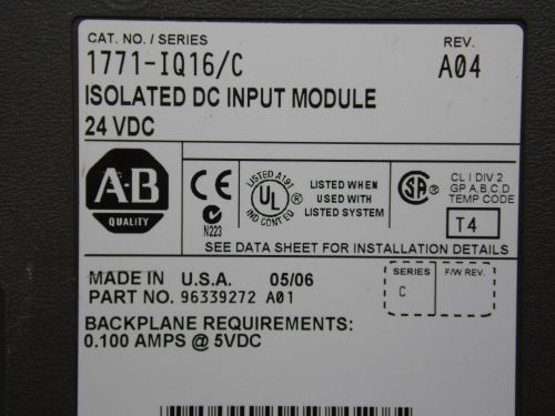 ALLEN BRADLEY 1771-IQ16/C REV. A04 ISOLATED DC INPUT MODULE 24VDC