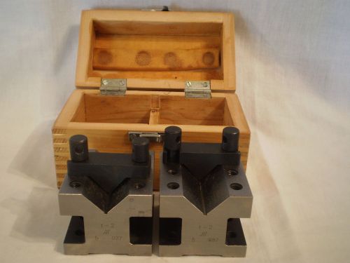 Matched pair precision v-block &amp; clamps w/ wood case for sale