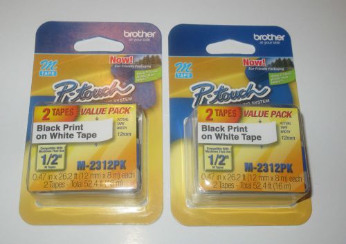 2 twin Packs Brother M-2312PK  M2312PK  P-Touch black print on white tape-sealed