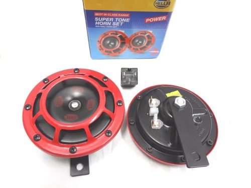 NEW GENUINE HELLA RED GRILL SUPERTONE HORN SET 12V WITH RELAY (PAIR)