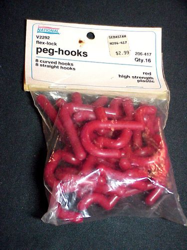 16 NATIONAL FLEX-LOCK PEG HOOKS RED PLASTIC 8 CURVED 8 STRAIGHT NEW IN PACKAGE
