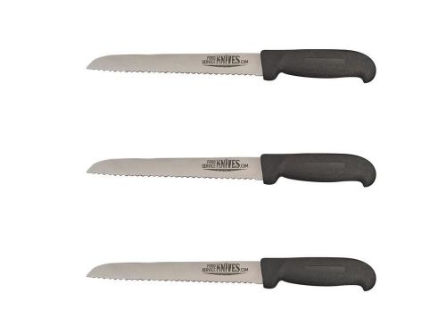 Set of 3 - 8” Bread Knives Black Handles Serrated Food Service Knives