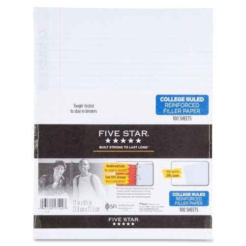 Five Star Reinforced Filler Paper, College Ruled, Loose-leaf, 11 x 8.5 Inch 100