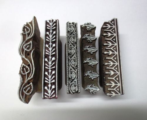 LOT OF 5 INDIAN WOODEN HAND CARVED TEXTILE FABRIC BLOCK PRINT STAMP BORDER