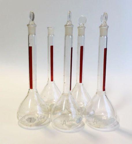 Lot of 5 Vintage Kimax USA No. 28013 50ml Volumetric Flasks Laboratory Glassware
