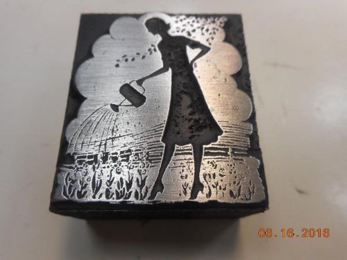 Letterpress Printing Block, Woman in Dress using Watering Can on Garden Type Cut