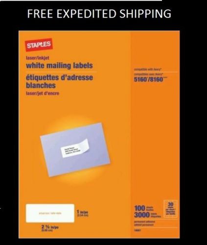 Laser/Inkjet 1 x 2-5/8  White Mailing Labels 100 sheets 3000 labels  (5160/8160)