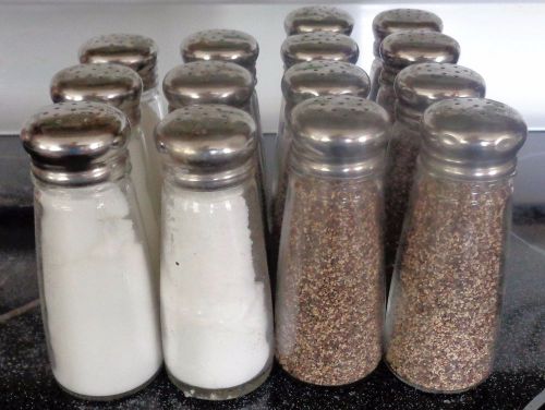 Lot of 14 restaurant salt &amp; pepper shakers 4 1/2&#034; h round glass 6 salt 8 pepper for sale