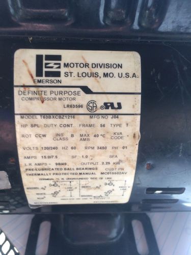 Used Emerson Model T63BXCBZ1216 Volts 120/240 Cont Duty Motor