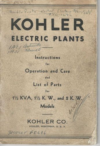 Kohler Electric Plants Operations Manual 1.5 KVA, 1.5 K.W. &amp; 2 K.W. Models