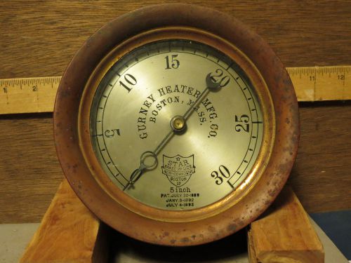 Antique star brass mfg. steam gauge.  5&#034; size, 0-30 psi.  works ok.  gurney heat for sale