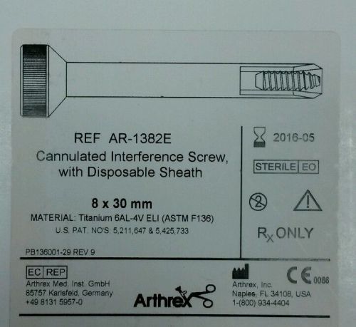 ARTHREX AR-1382E CANNULATED INTERFERENCE SCREW WITH DISPOSABLE SHEATH 8 X 30MM