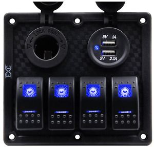 Waterproof Marine Boat Rocker Switch Panel 4 Gang With Dual USB Slot Socket + Rv