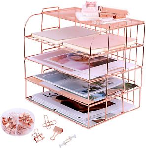 Stackable Paper Tray Organizer Desk File Organizer, 4 Tier Rose Gold Desk Organi