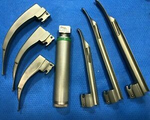 7pc Rusch FO Laryngoscope Set w Emerald Blades &amp; Spex Handle Mill Mac 2 3 4 Y/qz