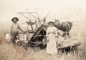 c1910 LaCenter WA Old Horse Pulled Hay Binder Machine Farmer Wife Photograph