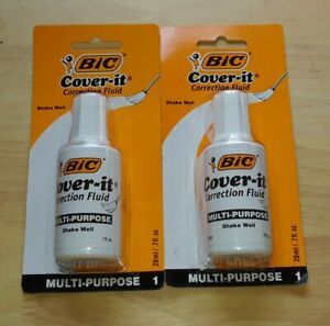 2 BIC COVER IT White Out Correction Fluid Multi Purpose Liquid Paper .7fl/20ml
