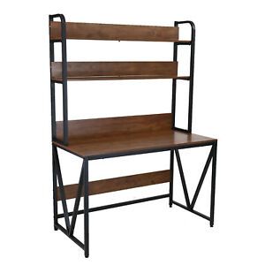 Large Wooden Table Top And Metal Frame, Computer Desk With 2-layer Storage Shelf
