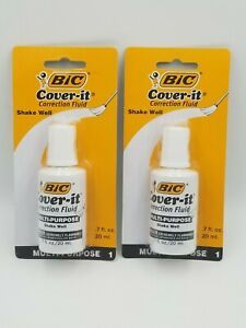 **2 BOTTLES** BIC Cover-it White Out Correction Fluid Multi-purpose 0.7oz Each