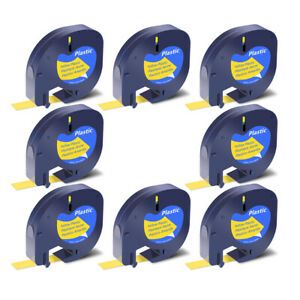 8PK Yellow Plastic Label Tape 91332 Refills 1/2&#034; for DYMO LetraTag Cassettes