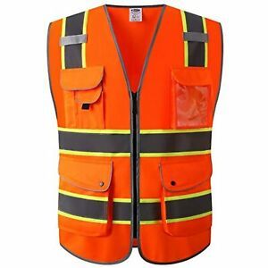 JKSafety 9 Pockets High Visibility Zipper Front Safety Vest | Orange with Dual