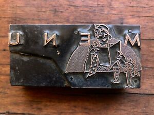 Antique Copper Printers Block on wood Art deco style MENU 1920&#039;s woman ordering