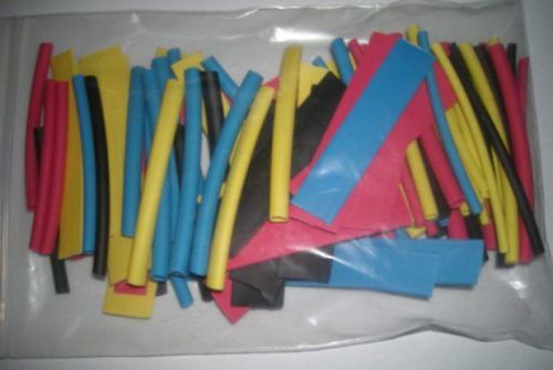 Assorted bag of 100 3&#034; strips of heat shrink tubing 2:1 red, blue, black yellow for sale