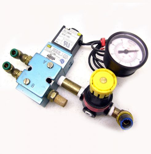 Mac solenoid valve + mac pneumatic valve w/ parker 14r111fc regulator &amp; gauge for sale