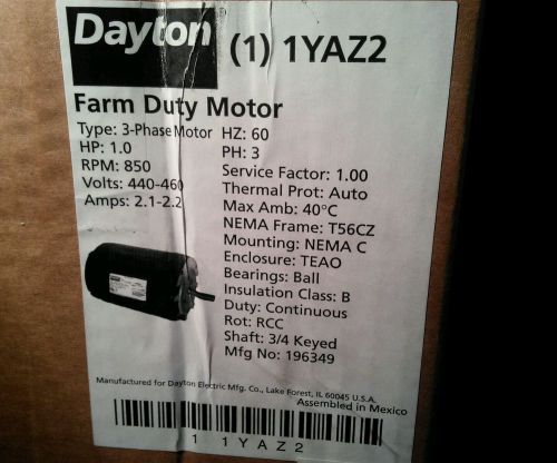 NEW DAYTON 1YAZ2 Poultry Fan farm duty Motor 3 Phase TEAO 1 HP 850 RPM 440 460v
