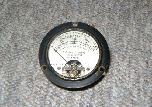 Vintage Simpson Signal Corp AMP gauge, steampunk, -0-200 AMP 2.5&#034;  dia.