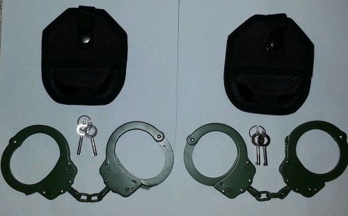 (2 SETS OF) GREEN PLATED DOUBLE LOCK POLICE HANDCUFFS W/ KEYS AND CASE